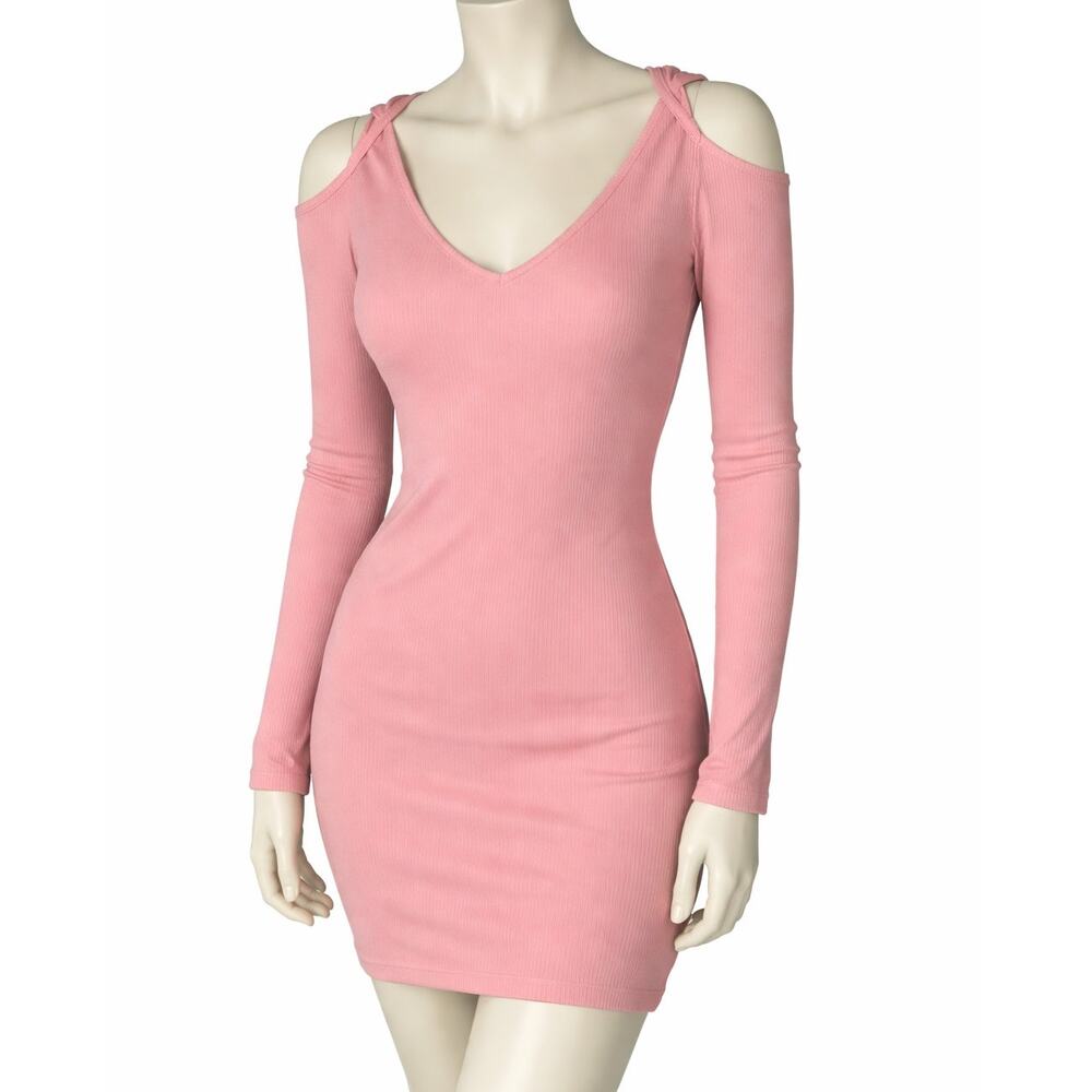 Coin 1804 Pink Ribbed Cold Shoulder Bodycon Mini Dress V Neck Stretch Medium